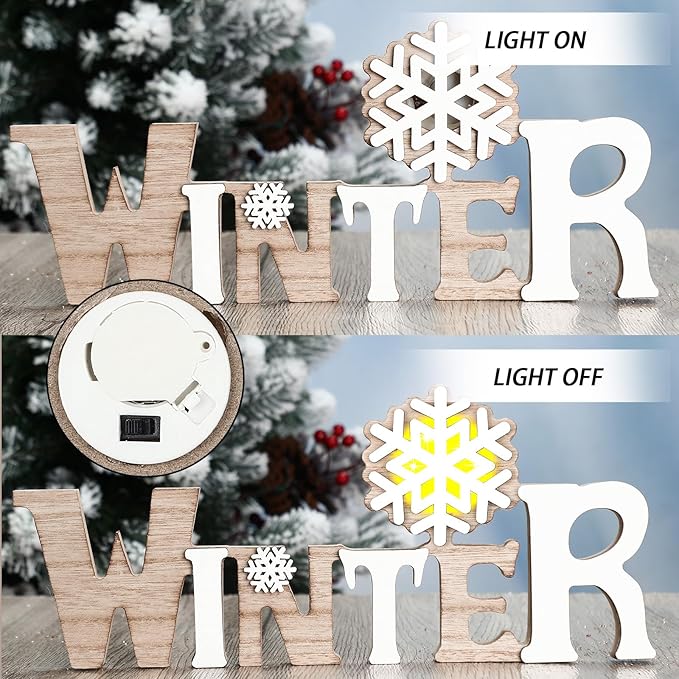 Geetery Winter LED Wooden Sign Rustic Wooden Words Sign Tabletop Centerpiece Decor Winter Snowflake Decorations for Table Home Indoor Party