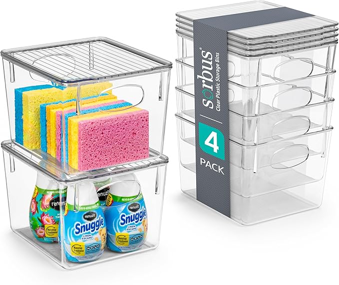Sorbus Medium Clear Plastic Storage Bins with Lids, Clear Stackable Storage Bins, Laundry Room Organizer Bins, Office, Classroom, Playroom, Bathroom, Laundry Room Organization and Storage (4 Pack)