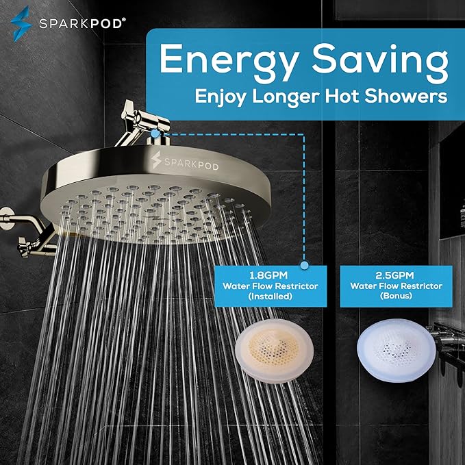SparkPod Shower Head - High Pressure Rain - Premium Quality Luxury Design - 1-Min Install - Easy Clean Adjustable Replacement for Your Bathroom Shower Heads (Elegant Brushed Nickel, 8 Inch Round)