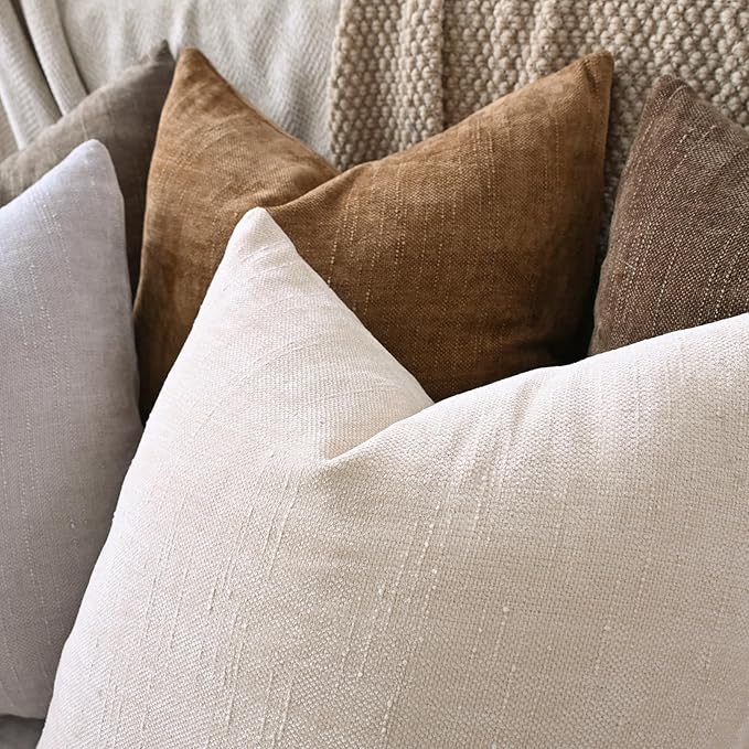 Set of 4 Soft Textured Decorative Throw Pillow Covers 16x16 Inch Cozy Farmhouse Cushion Cover Square Accent Pillow Cases for Bed Couch Sofa Living Room, Beige Taupe Brown