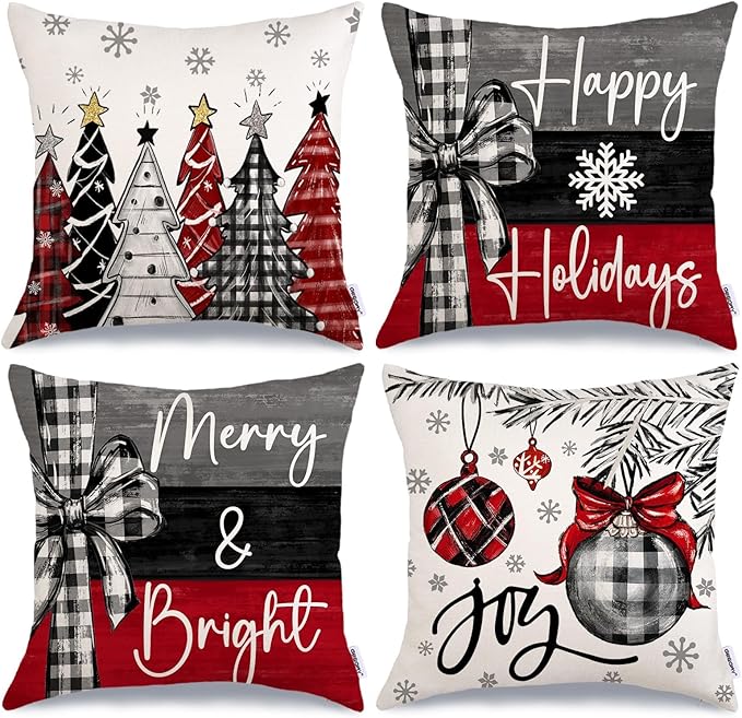 GEEORY Christmas Throw Pillow Covers 18 x 18 Inch Set of 4, Xmas Trees Merry and Bright Happy Holidays Farmhouse Decorative Cushion Cases for Home Decoration G418-18