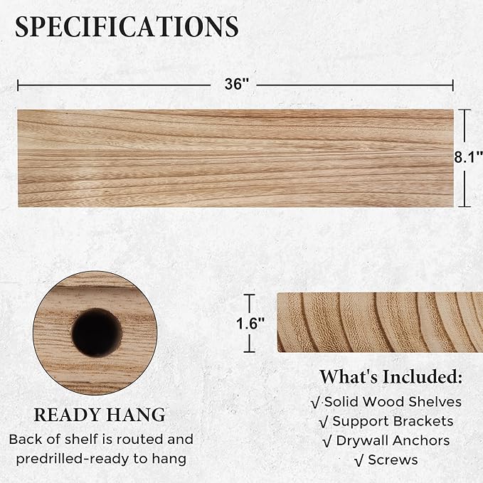 Axeman Floating Shelves, 8 Inch Deep Modern Solid Wood Wall Shelves for Storage, Wall Mounted Display Shelving with Invisible Heavy-Duty Metal Bracket, 36" W x 8" D x 1.6" H, Light Carbonized