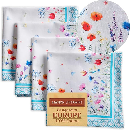 Maison d' Hermine Cloth Napkins Set of 4 100% Cotton Everyday Reusable Square Napkins Cloth Washable, Dinner, Party, Wedding, Restaurant, Spring/Summer (Flower in The Field, 20" x 20")