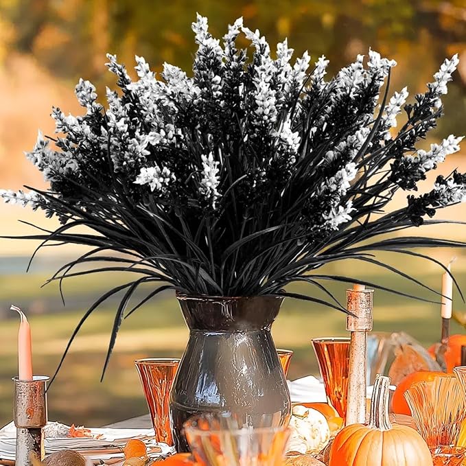 N&T NIETING 10 Bundles Black Artificial Flowers, Fake Monkey Grass with Flowers, UV Resistant Fake Plants Halloween Black Flowers Decor for Party Front Porch Home Garden Patio