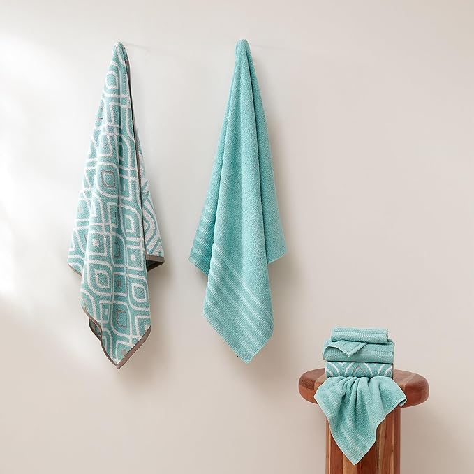 Modern Threads Oxford 6-Piece 100% Cotton Towel Set – Yarn Dyed Jacquard & Solid – Includes 2 Bath Towels, 2 Hand Towels, 2 Washcloths – Absorbent, Quick Dry, Soft & Durable – Aqua