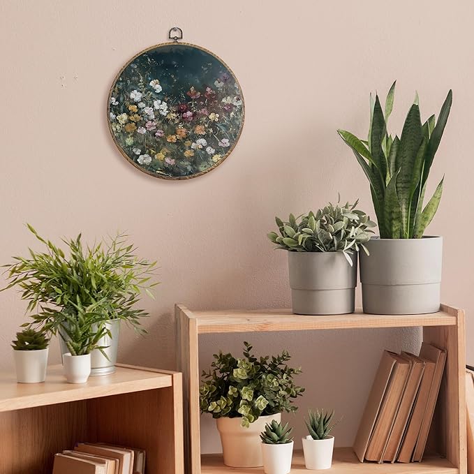 FUGWN Dark Cottagecore Moody Wildflower Round Wall Art Decor Framed, Vintage Flower Botanical Canvas Artwork Prints, Retro Colorful Floral Wall Hanging Decorations for Home Bedroom Room, 10x10 Inch