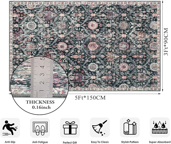 Lahome Moroccan Trellis Washable Small Area Rug, 3x5 Black Rug for Bedroom Living Room, Non-Slip Oriental Accent Throw Carpet for Kitchen Office Entryway Bathroom Office, Black/Multi