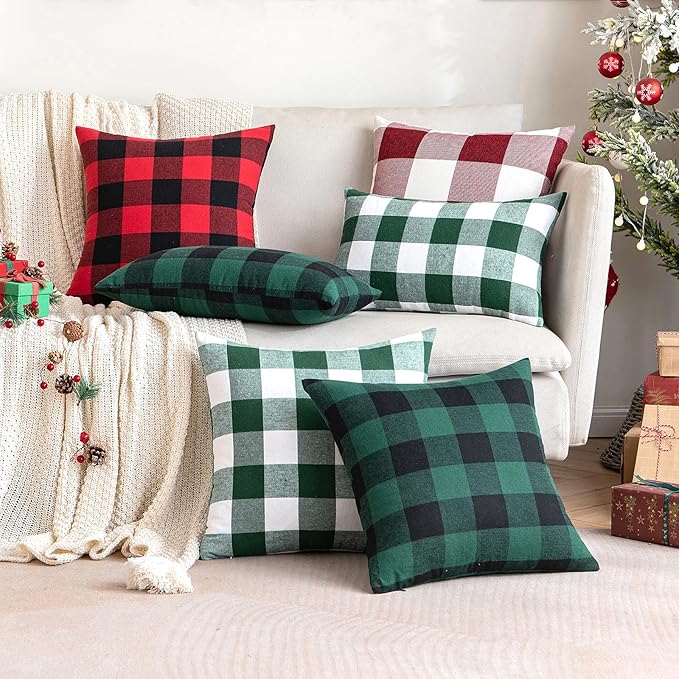 MIULEE Christmas Pack of 2 Buffalo Check Plaids Throw Pillow Covers Classic Retro Linen Farmhouse Cushion Case Soft Square Pillowcases for Home Decor Sofa Bedroom Couch 16 x 16 Inch Green and Black