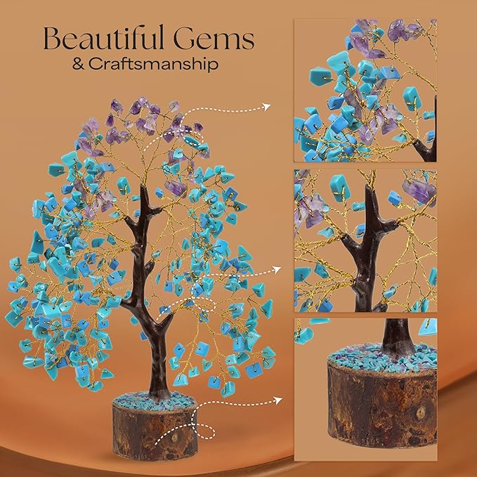 Turquoise & Amethyst Gemstone Tree with 2 Chakra Pendants, Crystal Tree, Birthday Gifts for Women, Fake Plants Home Decor, Crystals and Healing Stones, Office Desk Accessories, Room Decor 10-12"