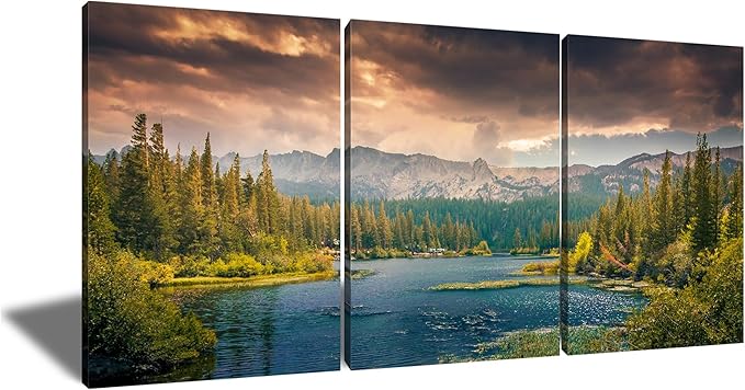 Lake Poster Wall Art Wall Decor Lake Mountain Forest Nature Park Landscape Picture Print on Canvas 3 Pieces Painting Artwork for Modern Home Living Room Workplace Stretched and Framed [60''Wx28''H]