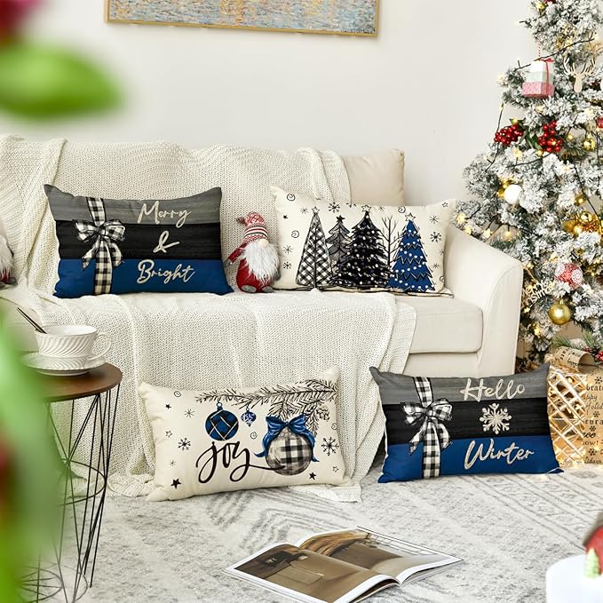 AVOIN colorlife Merry Christmas Joy Xmas Trees Blue and Black Throw Pillow Covers, 12 x 20 Inch Christmas Winter Holiday Cushion Case Decoration for Sofa Couch Set of 4