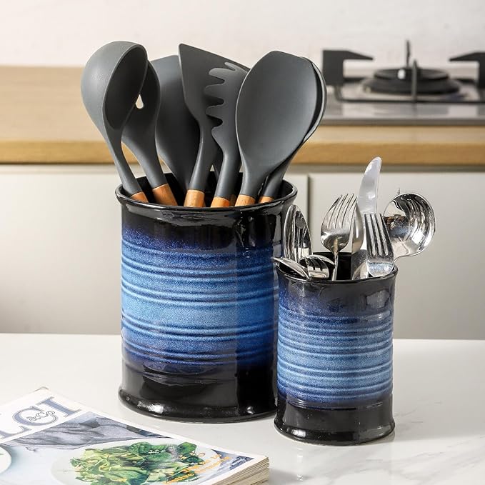 Nihow Utensil Holder: 7.2"+6.4" Ceramic Kitchen Utensil Holder for Countertop, Large Cooking Utensil Crocks for Kitchen Counter, Morden Utensil Organizer for Spatula, Set of 2, Elegant Blue & Black