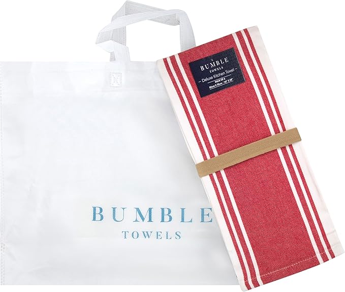 Premium Kitchen Towels (20”x 28”, 6 Pack) – Large Cotton Kitchen Hand Towels – Flat & Terry Towel – Highly Absorbent Tea Towels Set with Hanging Loop (Wide Stripe Red)