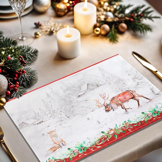 Maison d' Hermine Placemats Set of 4 100% Cotton Washable Cloth Place Mats, Reusable Table Mats for Kitchen Dining Decoration, Party, Wedding, Restaurant (Christmas Tradition, 13" x 19")
