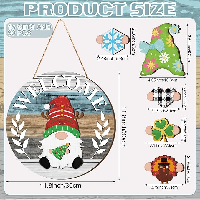 Qunclay Interchangeable Wooden Gnome Decor Holiday Seasonal Gnome Decorations with Magnet Pieces and Detachable Hats Changeable Welcome Sign for Home(Cute Style)