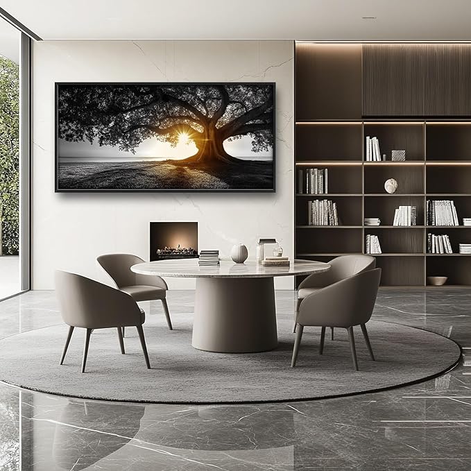 Olivine Tree Wall Art, Sunset Pictures Wall Decor, Black And White Painting, Nature Scenery Canvas Prints, Framed Artwork for Bathroom Bedroom Living Room Office Home Decoration 60"x30"