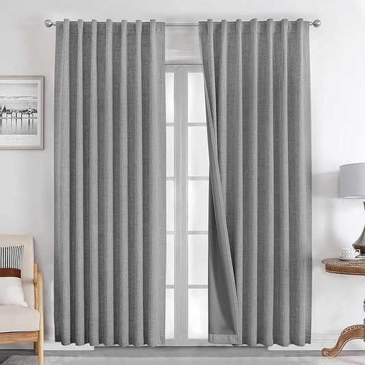 Joydeco Natural Linen Curtains 96 inch Length 2 Panels Set Burg 100% Blackout Patio Door Curtain Room Darkening Sliding Door Curtains Thermal Insulated Back tab Rod Pocket(105x96 inch, Light Grey)