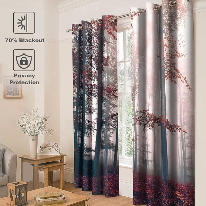 Jekeno Fall Tree Forest Blackout Curtains Autumn Tree Orange Leaves Foggy Forest Fall Nature Scenery Wood Room Decor for Bedroom Living Room Grommet Window Drapes 2 Panel Set, 52"x63"