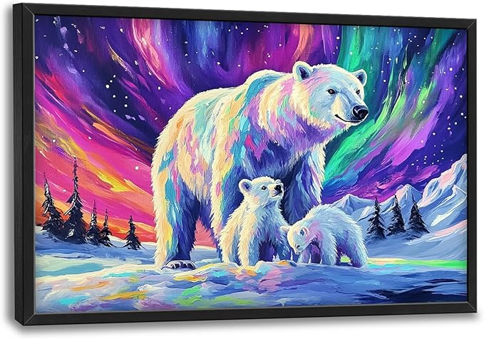 Polar Bear Large Wall Art for Living Room Framed, White Bear Wall Decor Pictures, Aurora Canvas Print Painting, Aesthetic Artwork Bedroom Office Home Decor 36"x24"