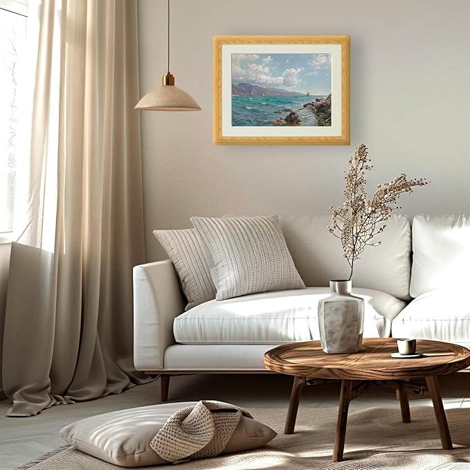 Brivoria Framed Canvas Wall Art Vintage Decor, Coastal Landscape with Sailing Boats Mountain Cliffs Blue Ocean and Sunlit Sky Canvas Print with Mat for Living Room Statement Wall Display 16"x20"