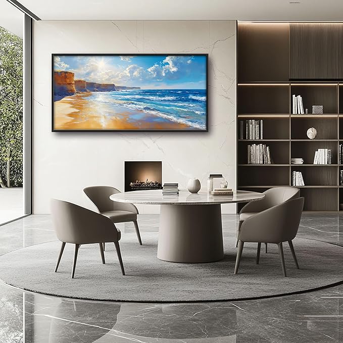 Coastal Beach Large Wall Art for Living Room, Ocean Sun Oversized Wall Decor Pictures, Seaside Framed Canvas Print Painting, Modern Artwork for Bedroom Office Home Decor 60"x30"