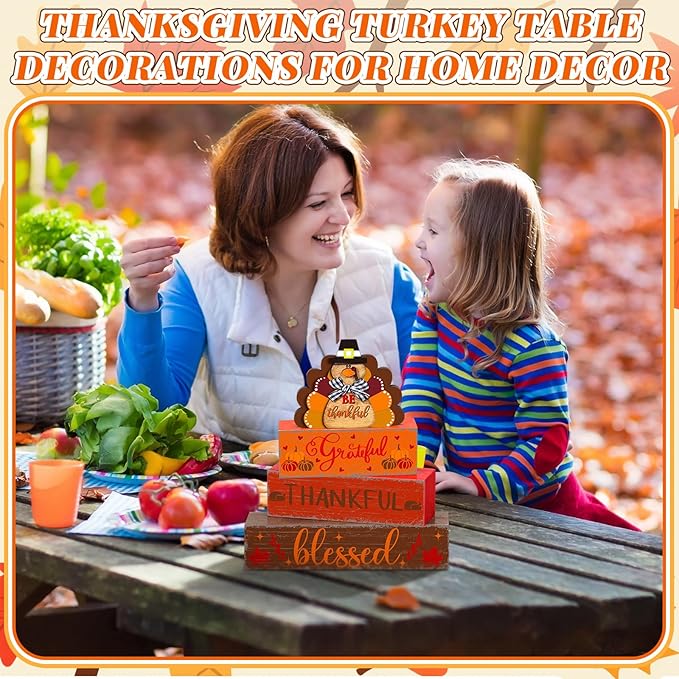 Geelin 4 Pcs Fall Turkey Table Decorations Thanksgiving Turkey Wooden Signs Rustic Harvest Tiered Tray Decor Tabletop Centerpieces Farmhouse Decor for Home Desk Room Kitchen Shelf