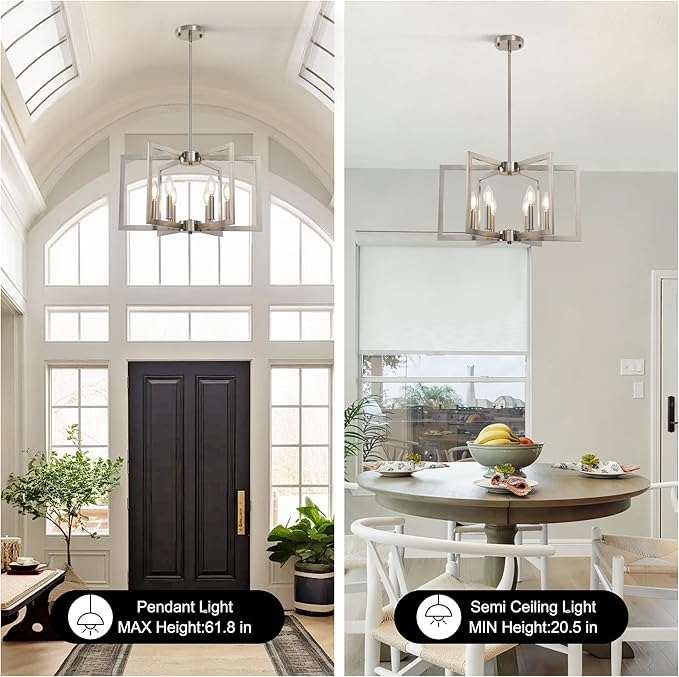 6-Light Modern Metal Geometric Chandelier，Kitchen Island Brushed Nickel Lighting Fixtures，Entryway Light Fixture Hanging Brushed Nickel，Farmhouse for Dining Room Chandelier