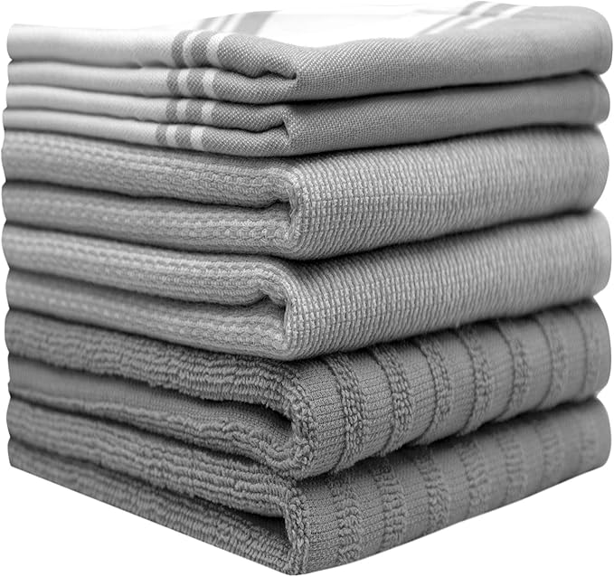 Premium Kitchen Towels (20”x 28”, 6 Pack) | Large Kitchen Hand Towels | Kitchen Towels Cotton | Flat & Terry Towel | Highly Absorbent Tea Towels Set with Hanging Loop | Wide Stripe Grey