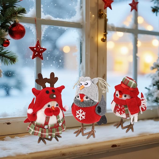 3 Pack Christmas Table Decorations - Small Bird Figurines, Red Cute Xmas Ornaments for Table Top, Desktop, Mantel, Kitchen Decor, Holiday, Winter Party Gifts