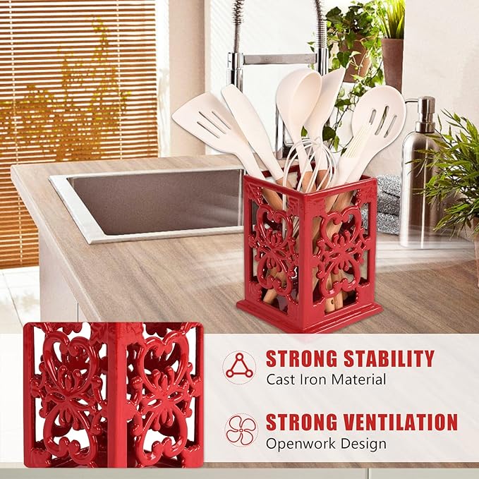 Cast Iron Utensil Holder, Vintage Farmhouse Kitchen Cookting Tools Utensil Holder for Countertop, Large Metal Flower Design Utensil Holder for Kitchen Counter, Red