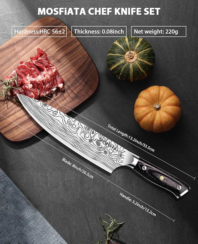 MOSFiATA 8" Super Sharp Professional Chef's Knife with Finger Guard and Knife Sharpener, German High Carbon Stainless Steel EN1.4116 with Micarta Handle and Gift Box