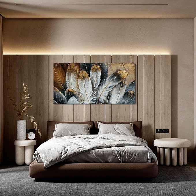 Feather Wall Art Modern Living Room Bedroom Wall Decoration Large Giclee Print Canvas Painting Artwork for Home Decor One Piece White Gold Brown Feather Picture Ready to Hang 24x48 Size