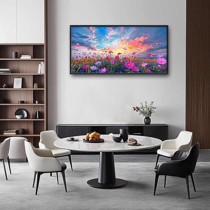 Flower Field Sunrise Large Framed Wall Art Oversized Daisy WildFlower Landscape Pictures Floral Wall Decor Canvas Print Painting Aesthetic Modern Artwork for Living Room Bedroom Office Bathroom Home Decor 60L"x30W"