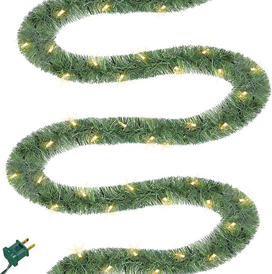 Biswing 50FT Pre-lit Christmas Green Garland, Lighted Artificial Pine Garlands with 100 Count Clear Incandescent Mini Lights, Light Up for Indoor Outdoor Gate Home Winter Holiday New Year Decorations