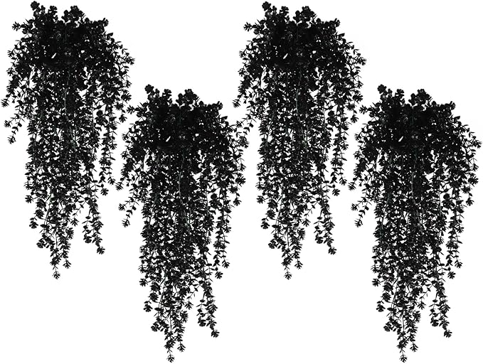 SJL Black Artificial Hanging Flower Faux Hanging Plants UV Resistant Indoor Plastic Leavse Flower Hang Ferns Artificial Plants Eucalyptus Faux Ivy Flowers Decor for Autumn Outdoor Room (Black)