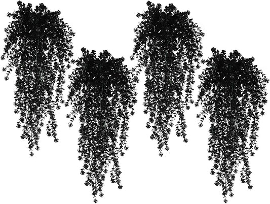 SJL Black Artificial Hanging Flower Faux Hanging Plants UV Resistant Indoor Plastic Leavse Flower Hang Ferns Artificial Plants Eucalyptus Faux Ivy Flowers Decor for Autumn Outdoor Room (Black)