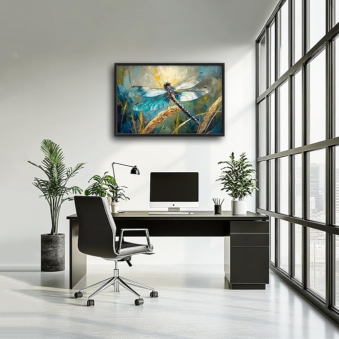 Olivine Dragonfly Wall Art, Vintage Dragonfly Pictures Wall Decor, Nature Painting, Insect Canvas Prints, Framed Artwork for Bathroom Bedroom Living Room Office Home Decoration 36"x24"