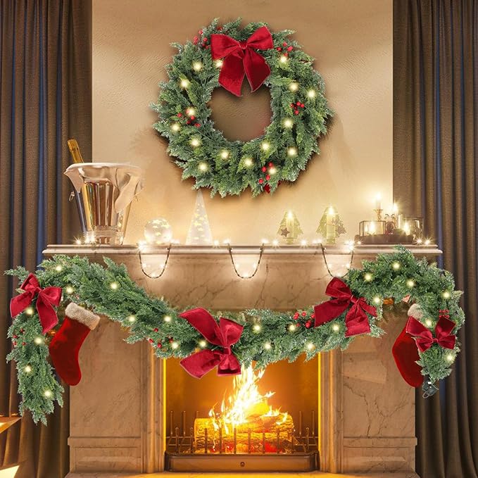 6ft Christmas Garland with Lights,Lighted Cedar Garland for Mantle,Prelit Real Touch Artificial Green Christmas Winter Garland with Large Burgundy Velvet Bow for Indoor Outdoor Decor
