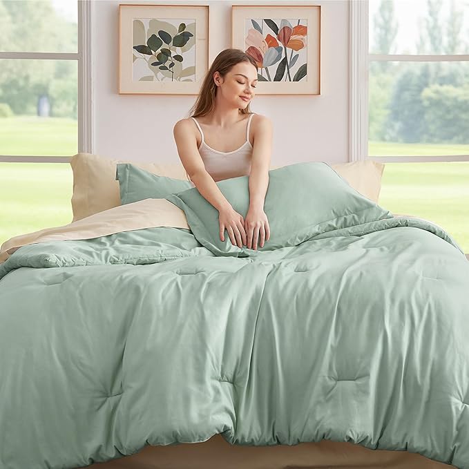Bedsure King Size Comforter Set Sage Green, 7 Pieces Lightweight King Bedding Sets Boho, Bed in a Bag with Comforter, Sheets, Pillowcases & Shams, Contrasting Design