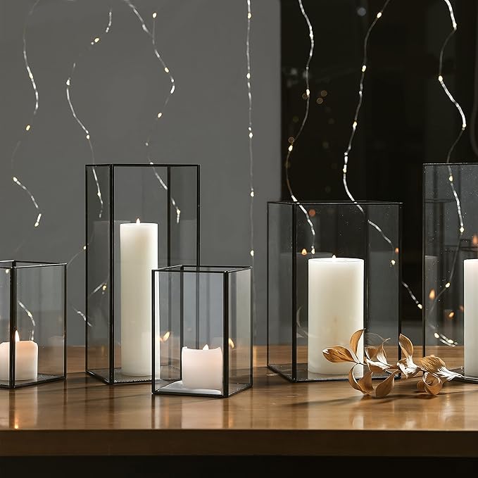 Set of 3 Square Glass Hurricane Candle Holders, Clear Glass Framed in Black-Finish Brass, Great for Home Decor and Wedding,Holiday Decor.