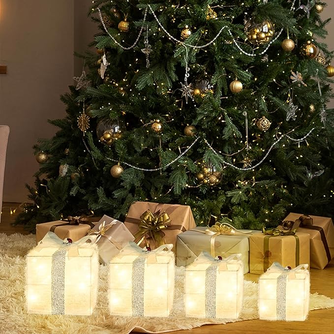 Christmas Lighted Gift Boxes Decorations Set of 4, 2.8Ft Stackable Christmas Nesting Boxes Battery Operated for Home and Party Decoration (8"-6"-5"-4", Silver Bow)