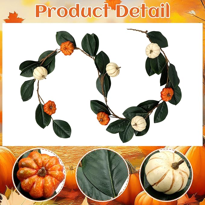 Zeyune 2 Pcs 6ft Fall Decor Fall Garland with Pumpkins Artificial Mixed Magnolia Leaves Farmhouse Hanging Rustic Autumn Garlands Decor for Front Door Kitchen Fireplace Home Indoor Outdoor