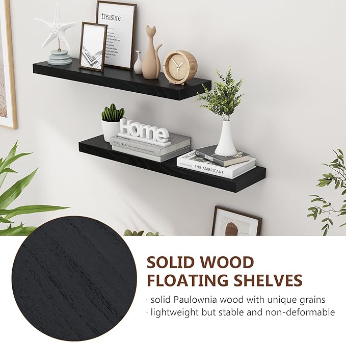 fuqing 30 Inch Floating Shelves for Wall, Black Wood Floating Shelves for Wall Set of 2, 30'' Long Wooden Wall Shelves for Living Room Bedroom Bathroom Home Office - Black