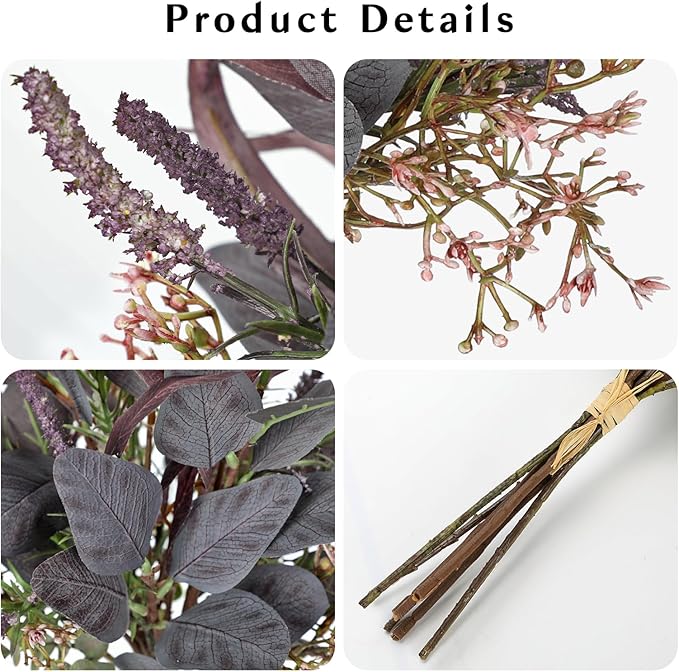 Fall Artificial Eucalyptus Bouquet with Purple Sage Leaves – Autumn Faux Greenery Bush with Raffia Wrap for Farmhouse, Kitchen, Table, and Seasonal Home Décor
