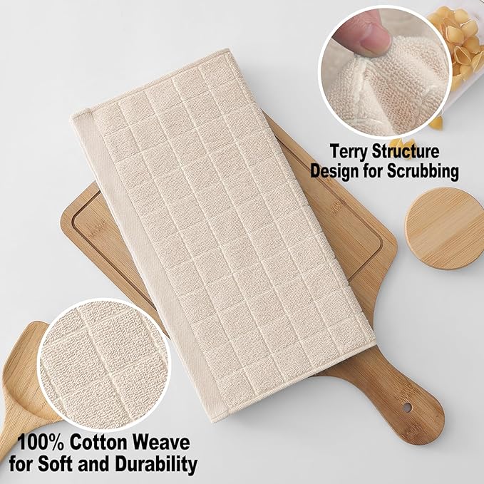 Homaxy 100% Cotton Terry Kitchen Dish Cloths, Ultra Soft and Absorbent Dish Towels for Kitchen, Suitable for Drying and Washing Dishes, 6 Pack, 12 x 12 Inches, Beige