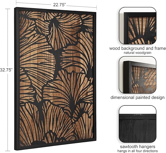 Kate and Laurel Sago Modern Decorative Wood Art Plaque; 23 x 33; Black and Rustic Brown; Painted Wood Floral Wall Art with Dimensional Design for Living Room Decor