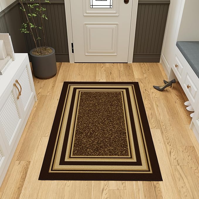 Ottomanson 3'3" x 5' Rugs for Living Room Border Area Rug for Bedroom - Non Slip Durable Large Floor Carpet for High Traffic Areas - Indoor Rug for Dining Room Kitchen Kids Playroom, Brown