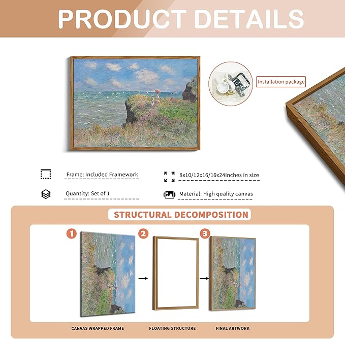 Framed Vintage Monet Wall Art Coastal Decor – Impressionist Seaside Oil Painting Canvas Prints – Nature Beach Scene Landscape Aesthetic Wall Decor for Living Room Bedroom Bathroom – 8"x10"