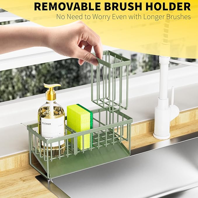 Cisily Kitchen Sink Caddy, Sponge Holder for Kitchen Sink, Kitchen Sink Organzier and Storage with High Brush Holder, 304 Stainless Kitchen Gadgets Sink Accessories, Organizadores de Cocina Sage Green