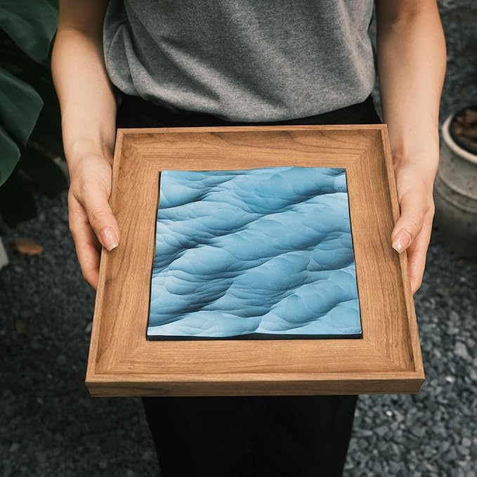 Handcrafted Wood Carved Frame Wall Art with 3D Wave Carving Design, Creative Bedroom Decor (natural wood color, large, Framed)